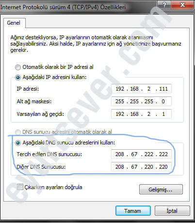 dns değiştirmek windows 7